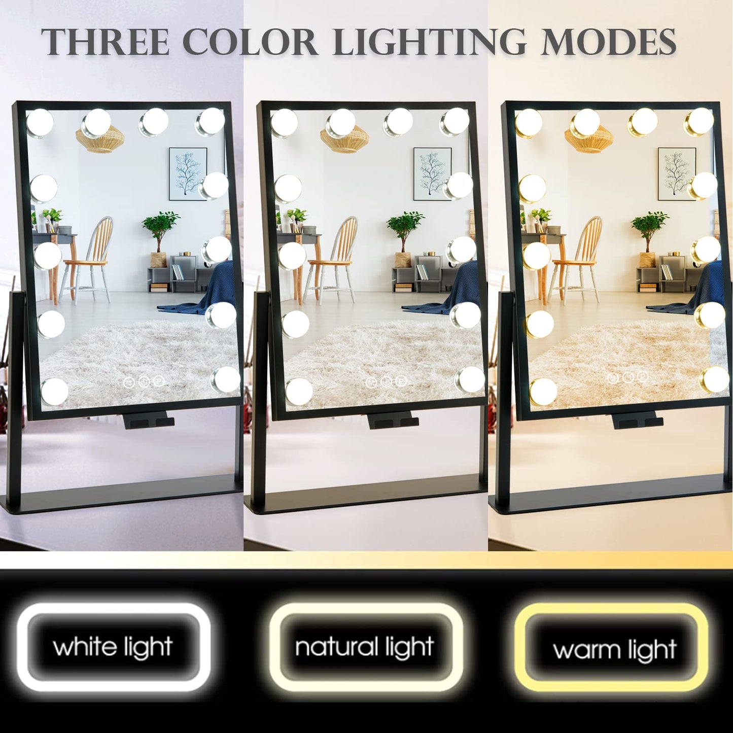 BWLLNI Lighted Makeup Mirror, Vanity Mirror with Lights, Hollywood Vanity Mirror with 9 Dimmable Bulbs Lights, 3 Lighting Modes, Detachable 10X Magnification Mirror, Smart Touch Control, 360°Rotation