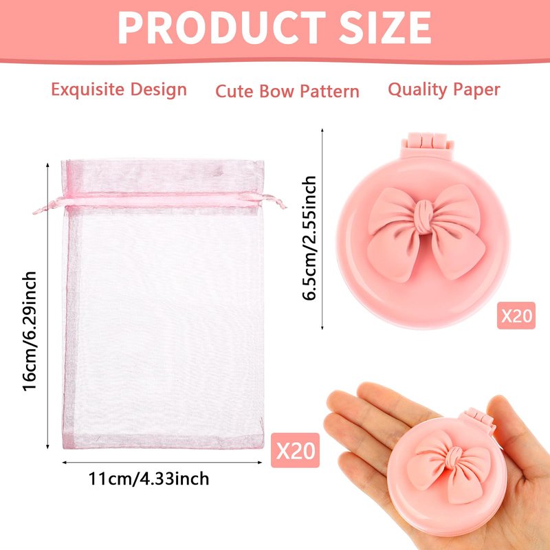 XEQWZVFR 20Sets Pink Bow Party Favors Pink Coquette Bow Mini Hair Brushes Folding Mirror Coquette Detangler Brush Round Compact Massage Scalp Comb with Organza Bags for Women Travel Team Gifts