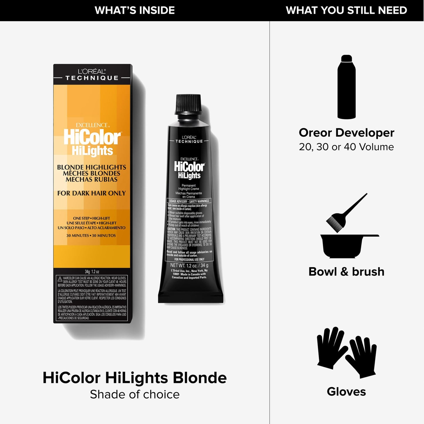 L'Oréal Technique HiColor Blonde HiLights Permanent Hair Color for Dark Hair - Intense Blonde Highlights, No Pre-Lightening Required, No-Drip Creme, Quick Processing Time, Ash Blnd
