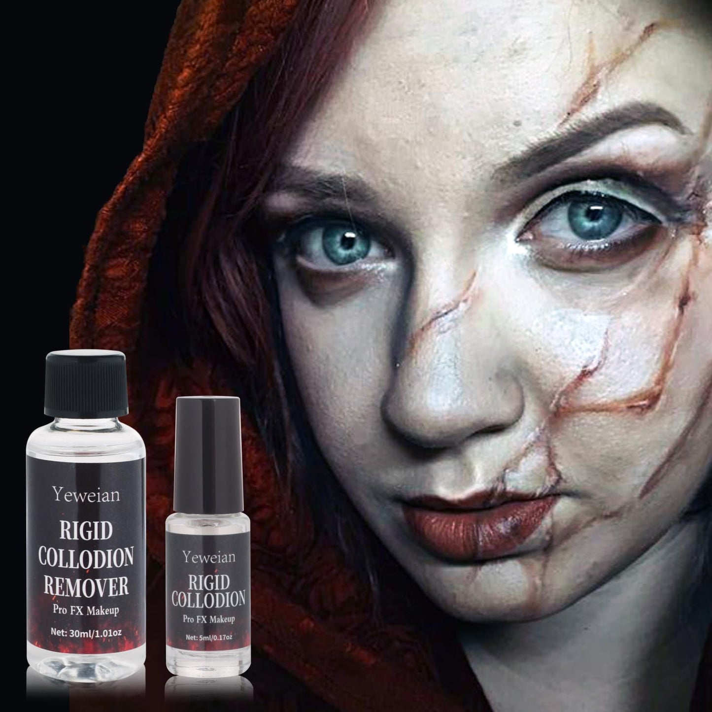 Yeweian Rigid Collodion with Brush and Remover Kit, Professional Scarring Liquid for SFX Makeup,Realistic Liquid Scar Fake Scars Makeup for Halloween Cosplay Costume Film(Scar Liquid 5ml+30ml Remover)