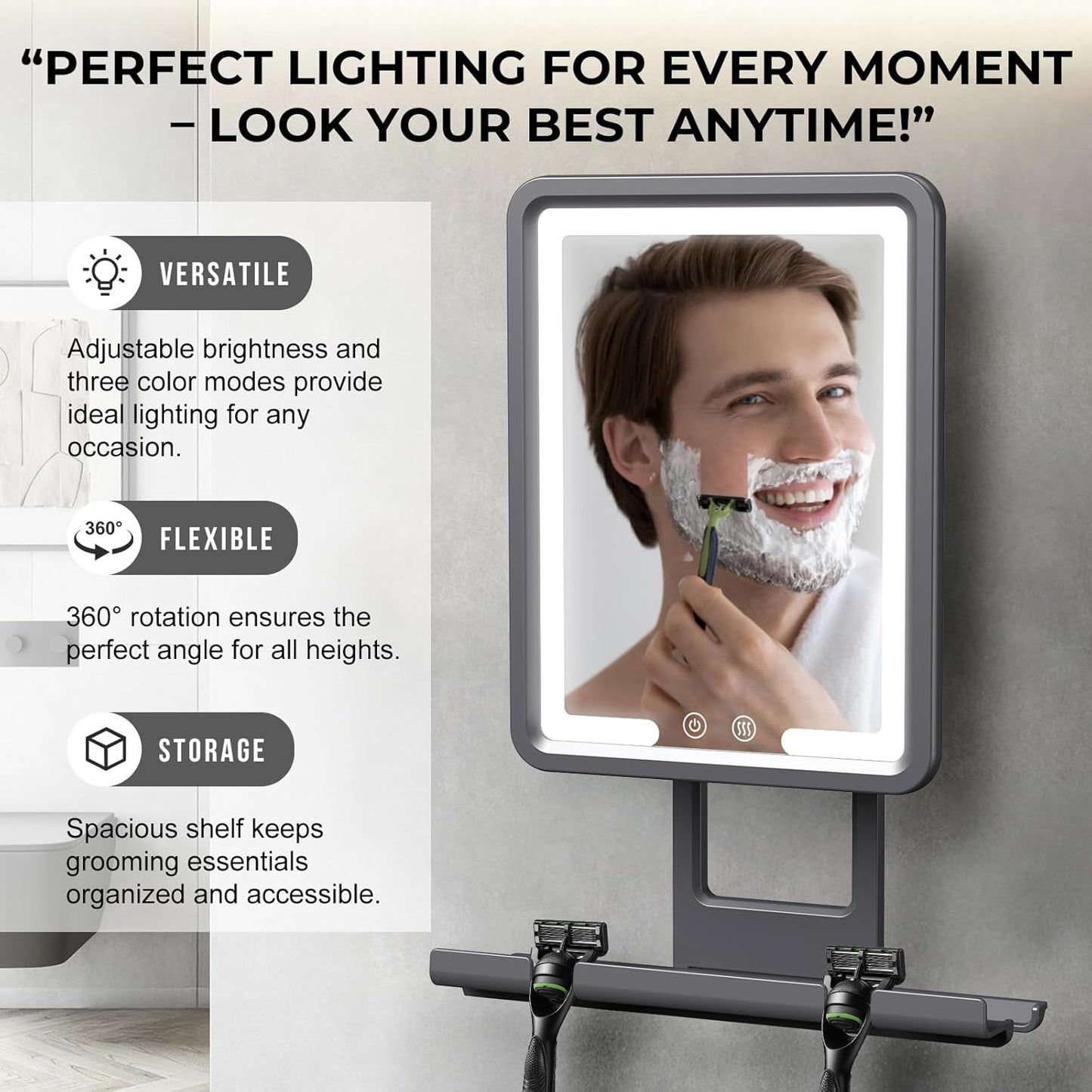 Fogless Shower Mirror for Shaving - Dimmable LED Lighting, Anti-Fog Heating, 360° Rotation | Black with Large Storage Shelf