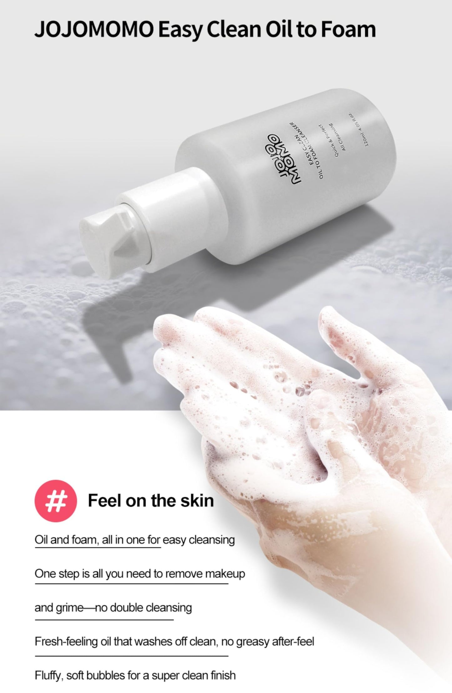 Oil to Foam Cleanser, 120ml, Gentle Korean face wash for daily makeup removal. Refreshes, and deeply cleanses pores. Soap-free, non-drying, safe for sensitive skin. Removes makeup and impurities.