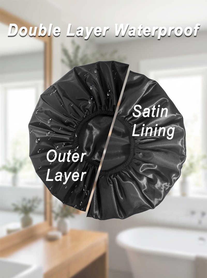 Auban Extra Large Shower Cap, Double-Layer Waterproof Reusable, XL Satin Lining Shower Bonnet for Women Thick, Long Hair, Locs, Braids(Black)