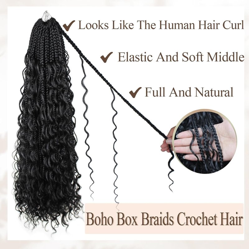 Vustbeauty 30 Inch Boho Box Braids - Synthetic Crochet Hair Extensions with Curly Ends | 9 Packs, Color 1B
