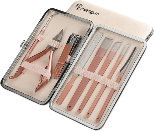 8-in-1 Stainless Steel Pedicure & Manicure Tools Kit - Erkangsm Travel Set with Toenail Nipper, Clipper & Case - Pink