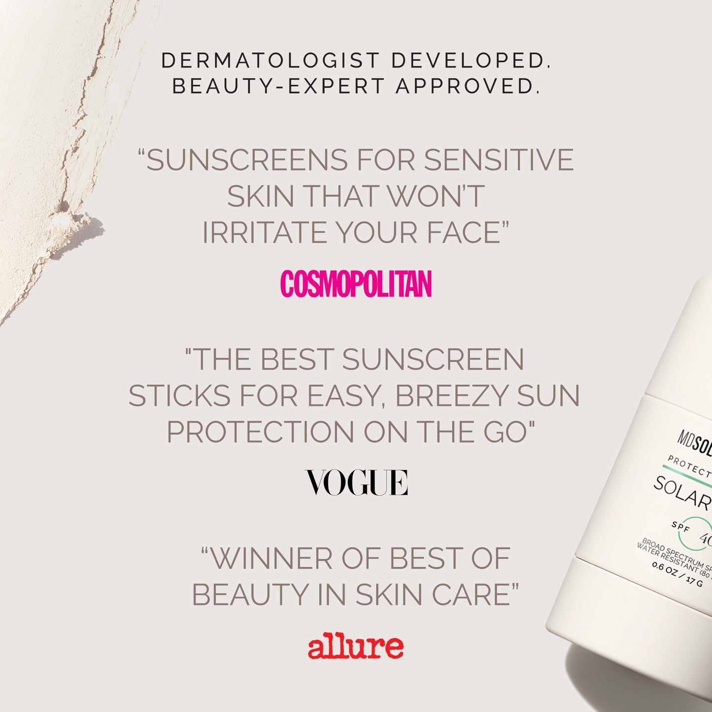 MDSolarSciences Solar Stick SPF 40 – Water-Resistant Mineral Sunscreen – Broad Spectrum UV Protection – Blendable Zinc Oxide Travel Stick – Smooth, Sheer and Natural Matte Finish, 0.6 Oz
