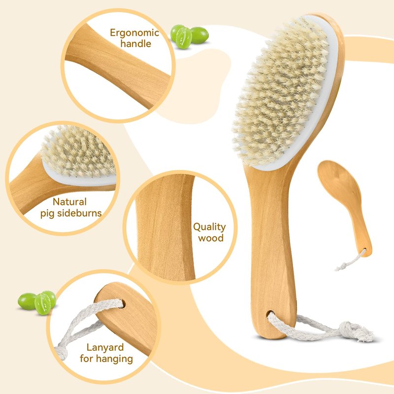 GIWOSK 6 Pack Dry Brushing Body Brush, Soft Natural Bristle Exfoliating Dry Brush with Contoured Wooden Handle for Lymphatic Drainage Cleaning Body Skin Care