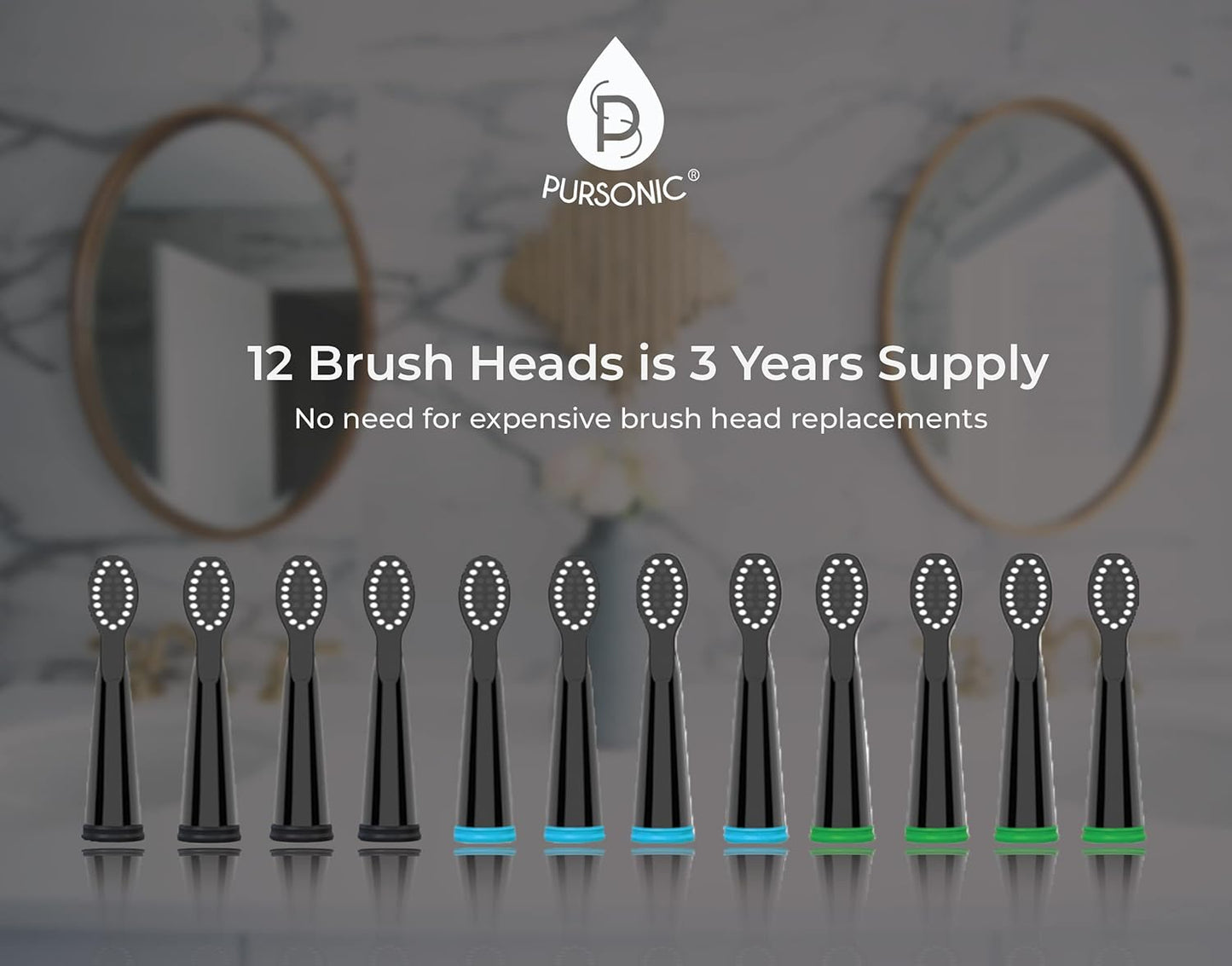 Pursonic Sonic Toothbrush - USB Rechargeable with 12 Brush Heads & 38,000 Strokes/Min | 3 Modes & Timer (Black)