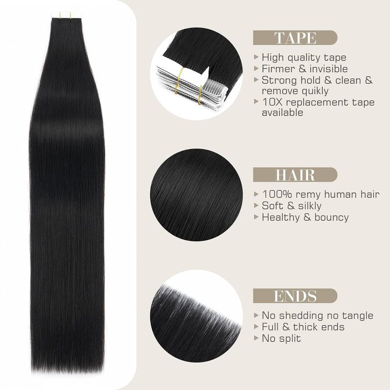 Tape In Hair Extensions - 20 Inch Human Hair - Seamless & Invisible | 50g, 20pcs - Jet Black
