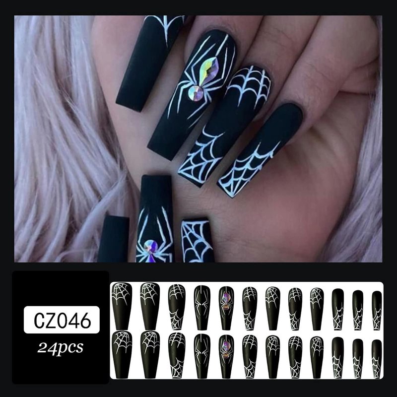 Black Halloween Press on Nails Long with Spider Web Designs, Full Cover Halloween Fake Nails Glossy Halloween Glue on Nails Long Halloween Nails for Women, 24 Pcs