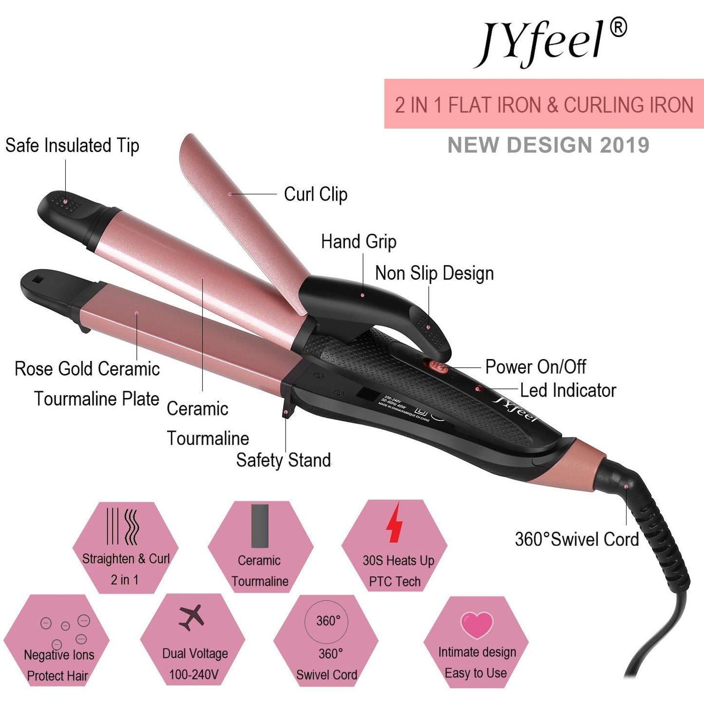 2 in 1 Travel Curling Flat Iron Dual Voltage Mini Hair Straightener and Curler (Rose Gold)