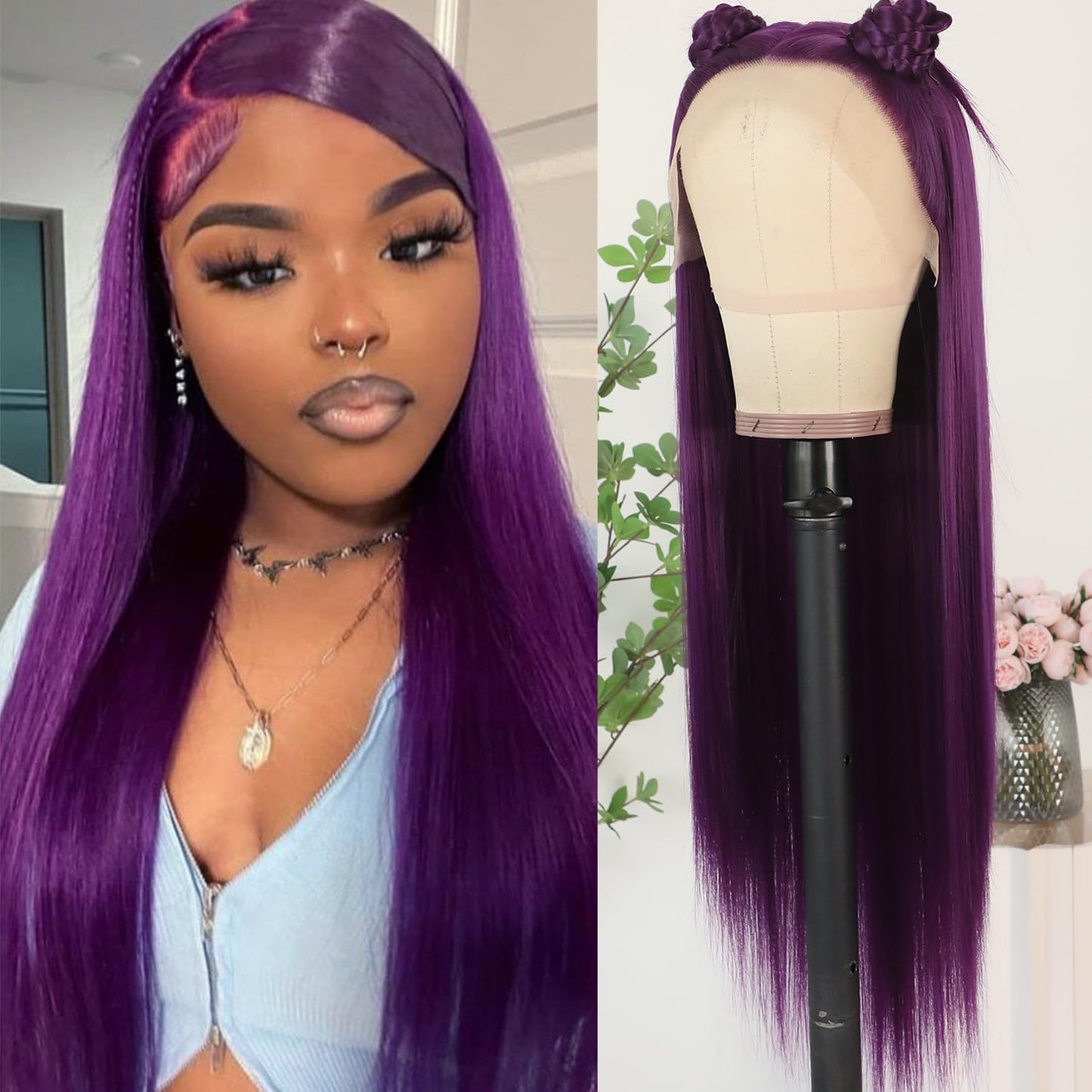 Lezaxiu Purple Lace Front Wigs Long Straight Glueless Dark Purple Wigs Pre Plucked Ready to Wear Wigs Heat Resistant Synthetic Lace Front Wig for Black Women Natural Hairline