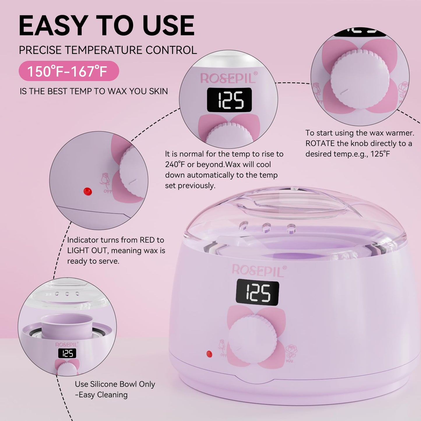Rosepil Digital Wax Warmer - Beginner-Friendly Waxing Kit with Smart Temp Control, 6 Packs (3 Colors) Wax Beads for Targeted Hair Removal - Ideal for Body, Bikini, face, Home Salon Use