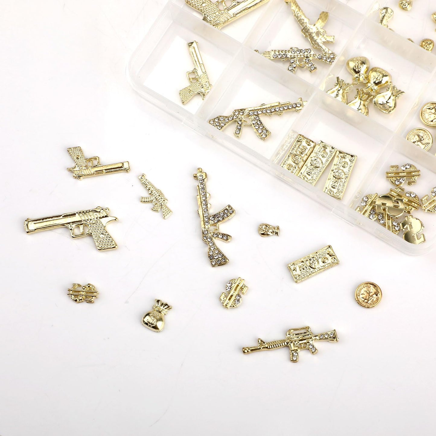 62pcs 3D Nail Charms, Gold Alloy Gun & Dollar Money Fingernail Gems Jewelry Decoration Accessories Supplies for Women Girls Manicure Design DIY Art Crafts