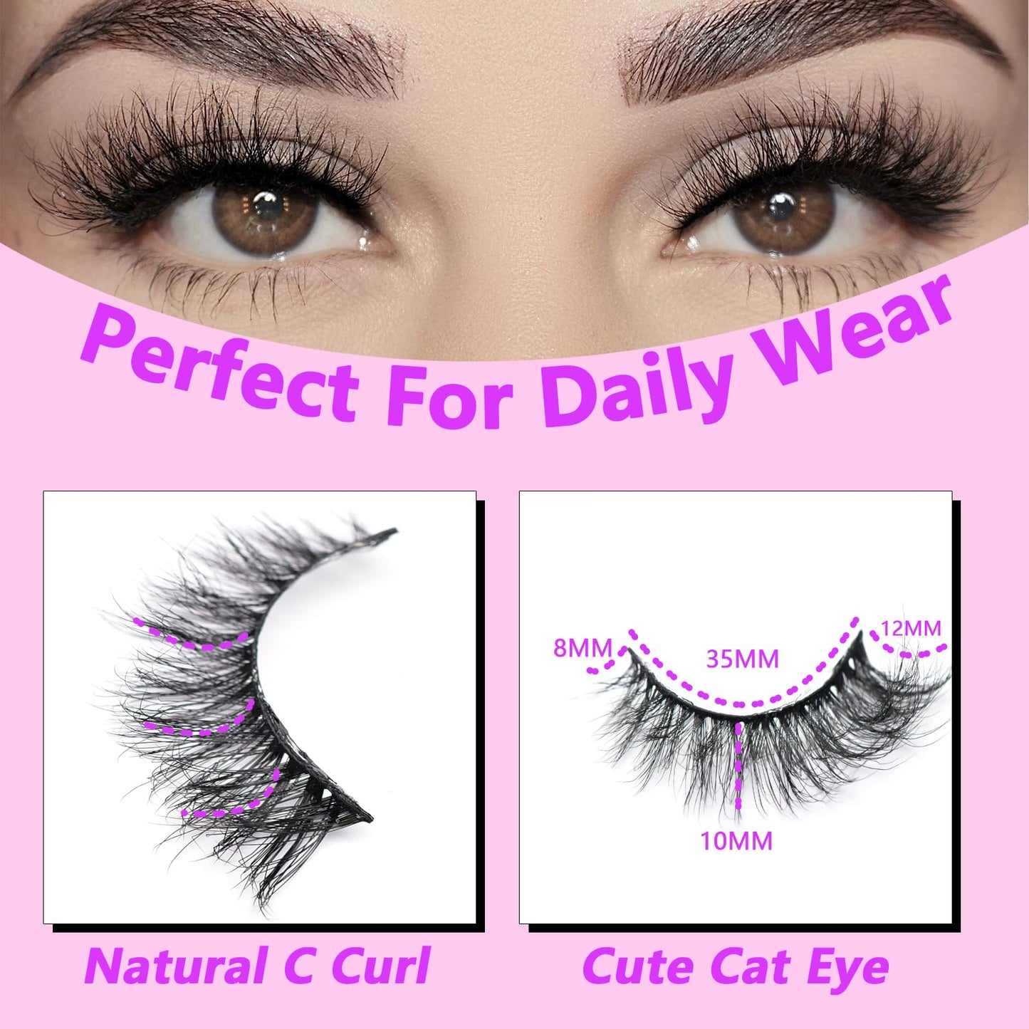 Miss Kiss 6 Pairs Lashes, Cat Eye Natural Look Volume Spike Lash, Soft Fluffy Faux Mink Eyelashes, Wispy Manga Russian C Curl Eye Lash, 3D False Lashes Strip 12 MM