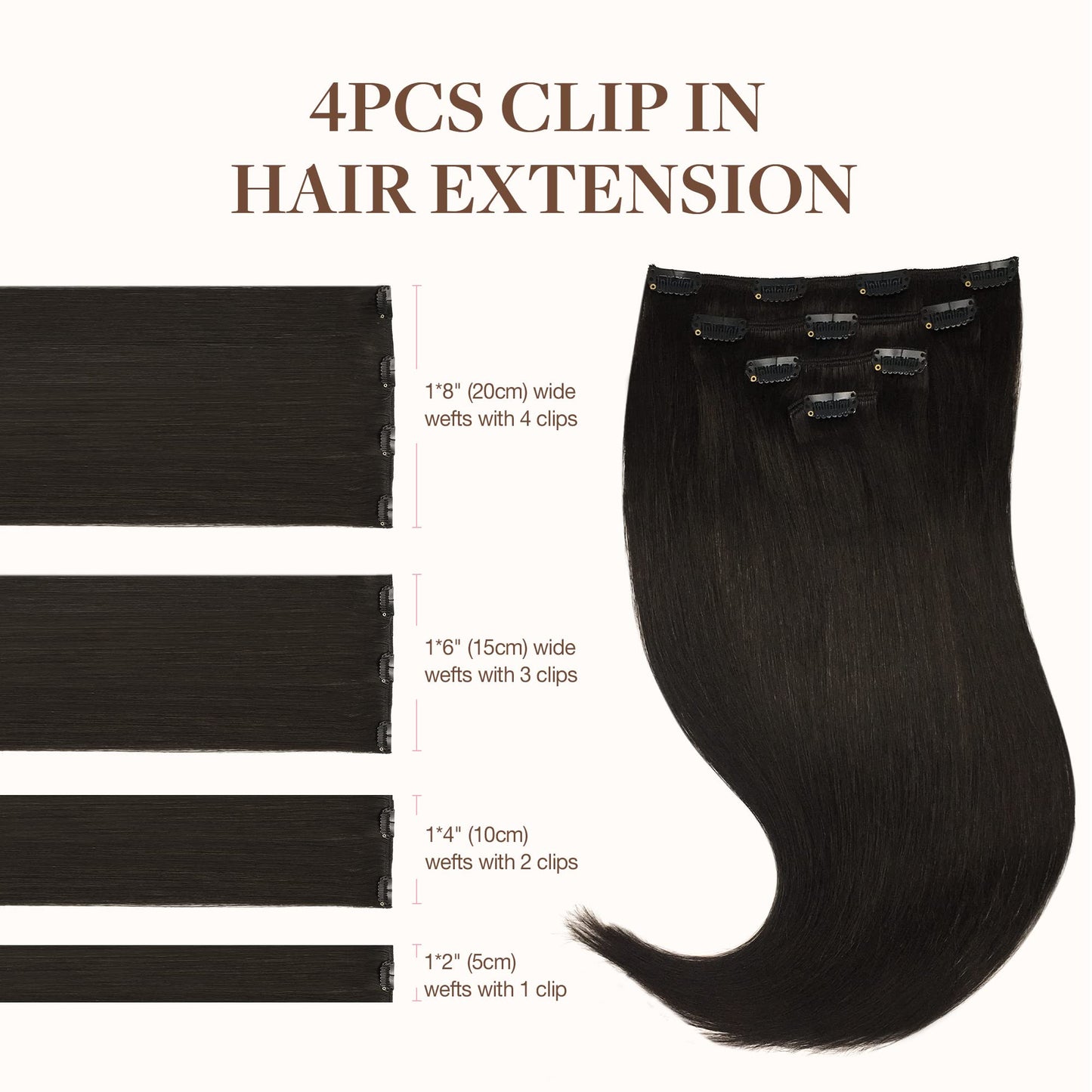 GOO GOO Clip in Hair Extensions Real Human Hair, Remy Human Hair Extensions Clip ins for Women, Natural Human Hair, 14inch 60g 4Pcs, 2 Dark Brown