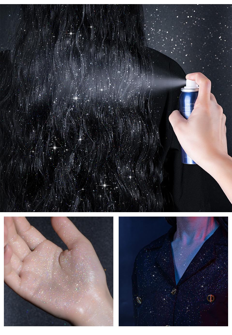 Body Glitter Spray【Long Lasting】【Skin Friendly】【Quick-Drying】 Glitter Spray for Hair/Body, 60ml