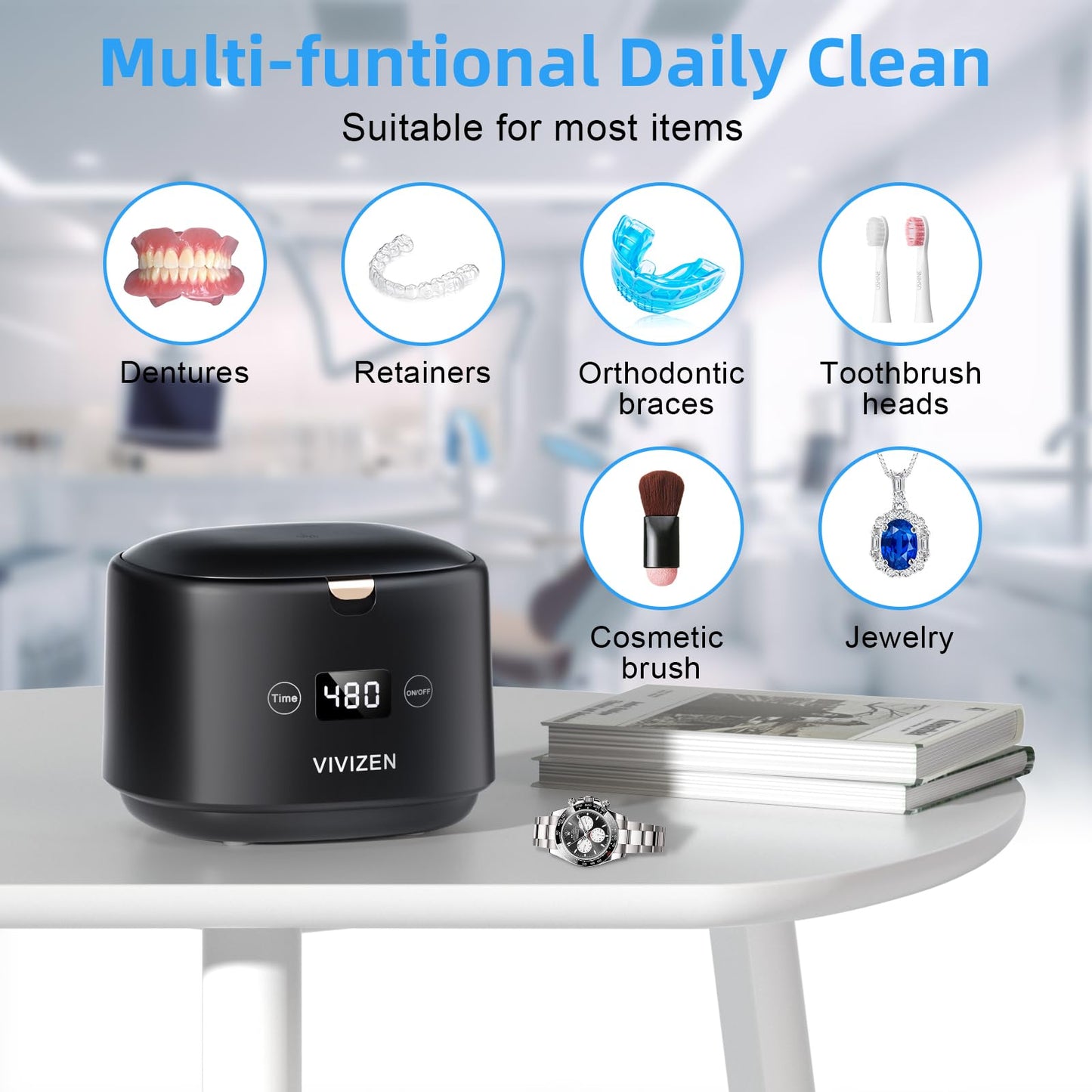 VIVIZEN Ultrasonic Retainer Cleaner Machine Sonic Dental Cleaning Machine for Dentures, Aligners, Braces, Mouth Guards, Jewelry, Portable 30W/45kHz (Black)