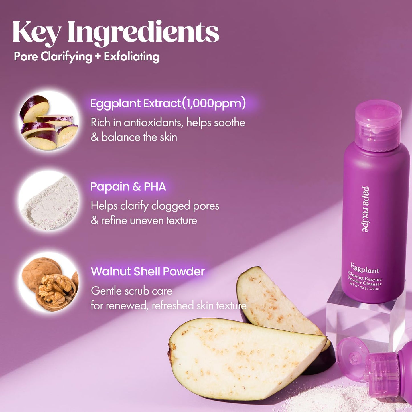 Papa Recipe Eggplant Enzyme Powder Cleanser (1.7oz/50g) – Travel-Friendly Korean Enzyme Powder-to-Foam Face Wash, Oil-Moisture Balance, Hydrating, Gentle Exfoliation, Smooth Texture & Pore Care
