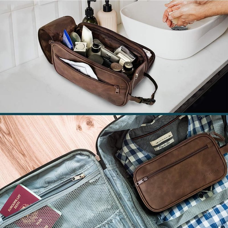 Toiletry Bag for Men - Travel Dopp Kit Organizer | Water-Resistant PU Leather | Dark Brown