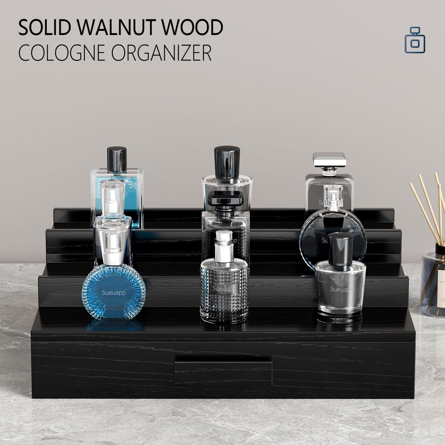Sueuapp Walnut Wood Cologne Organizer for Men,3 Tier Cologne Stand,Cologne Shelf Display Holder,Perfume Stand Organizer with Hidden Compartment and Drawer,Great Gift for Men,Black