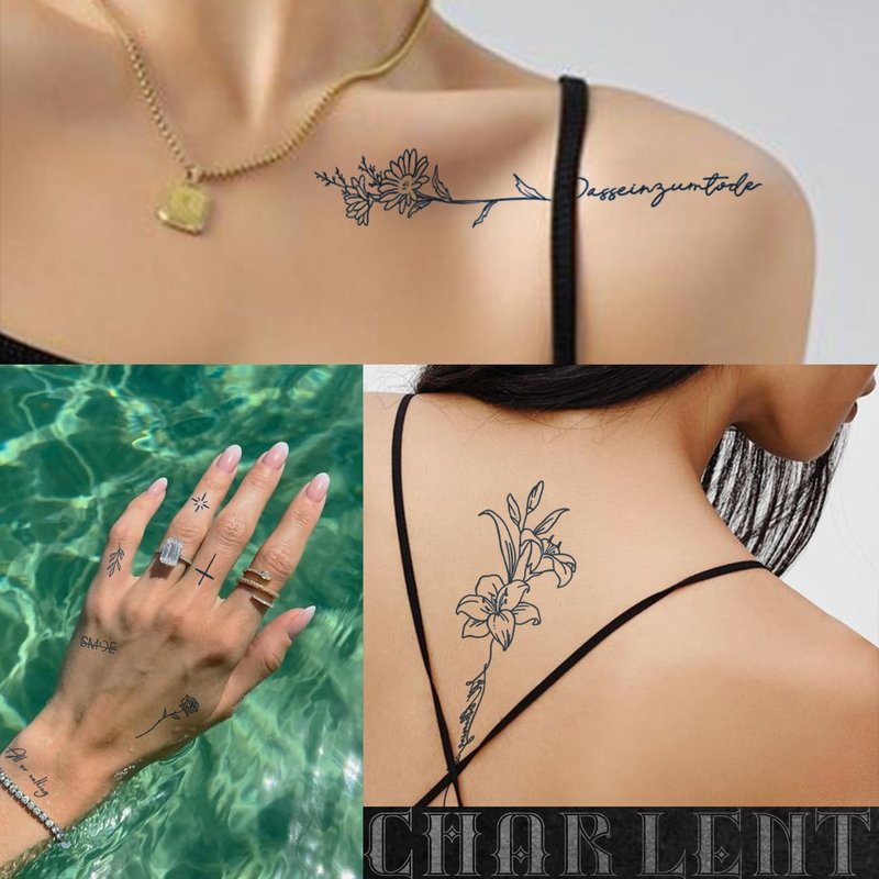 CHARLENT Semi-Permanent Tattoos for Adult - 2 Weeks Long Last Small Flower Words Tattoos for Women Men Hand Neck Body/Fades Naturally/No Reflection/Waterproof/Realistic, Minimal Line Art