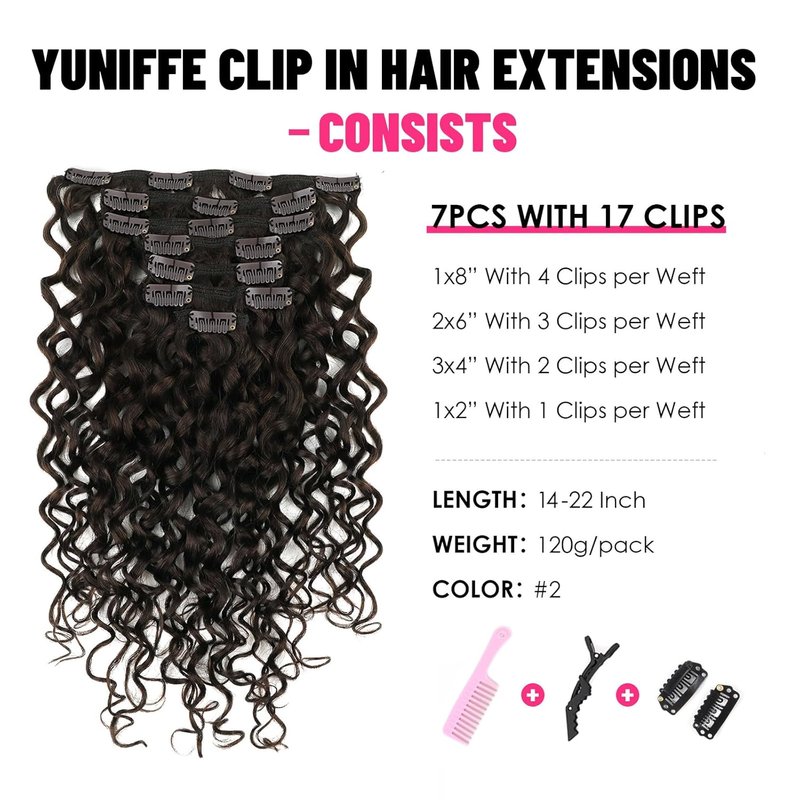 Natural Wavy Clip-In Hair Extensions - Remy Human Hair, Dark Brown | 18 Inch, 120g, Double Weft