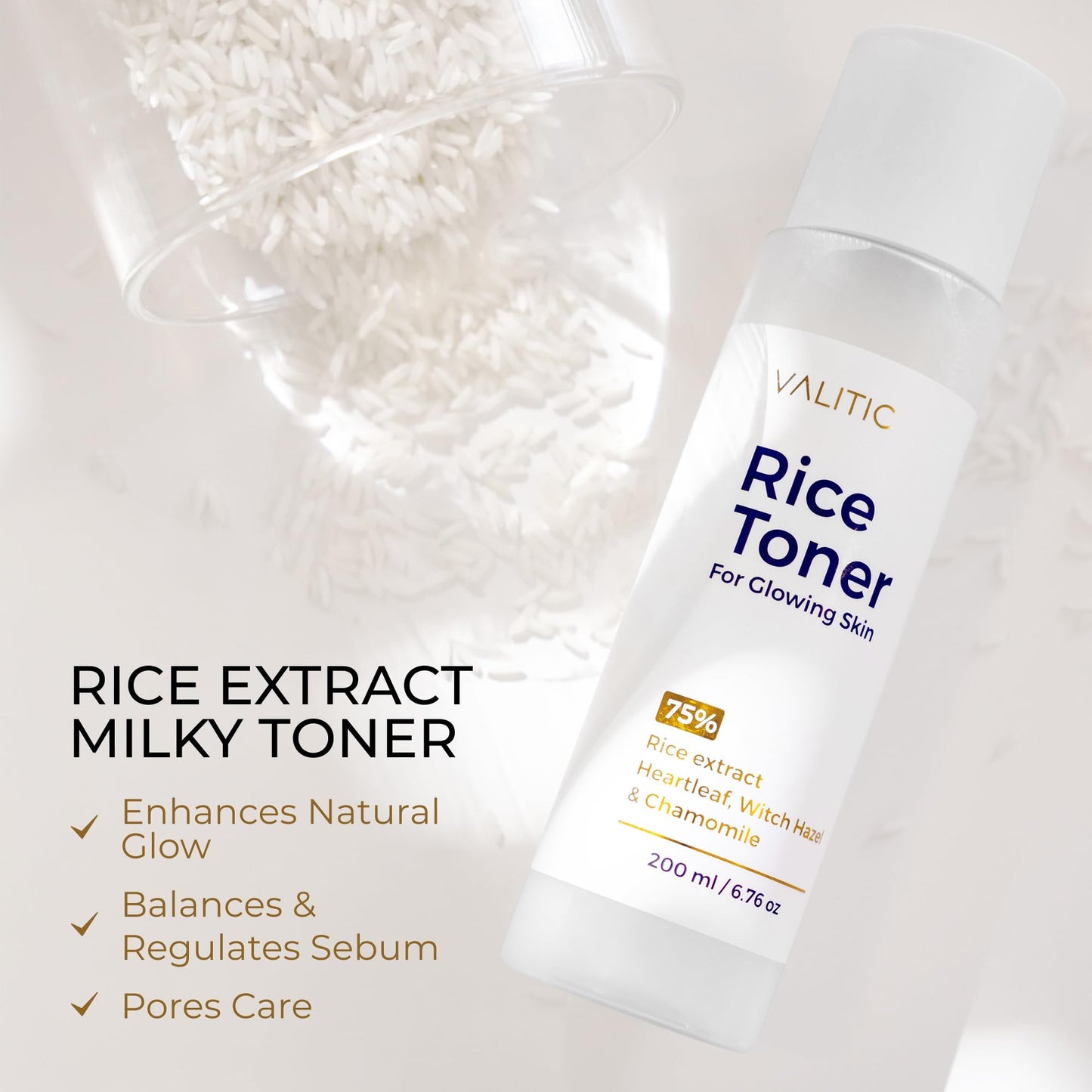 VALITIC Rice Toner - 75 Rice Extract Milky Toner for Face with Niacinamide, Heartleaf, Witch Hazel and Chamomile Essence - Facial Glass Skin Hydrating Skin Care - 200 ml, 6.76 fl oz