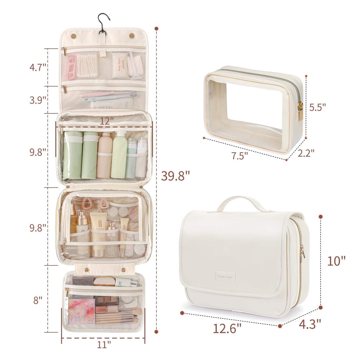 PACKISM Hanging Travel Toiletry Bag - with Clear Makeup Bag, Large Beige
