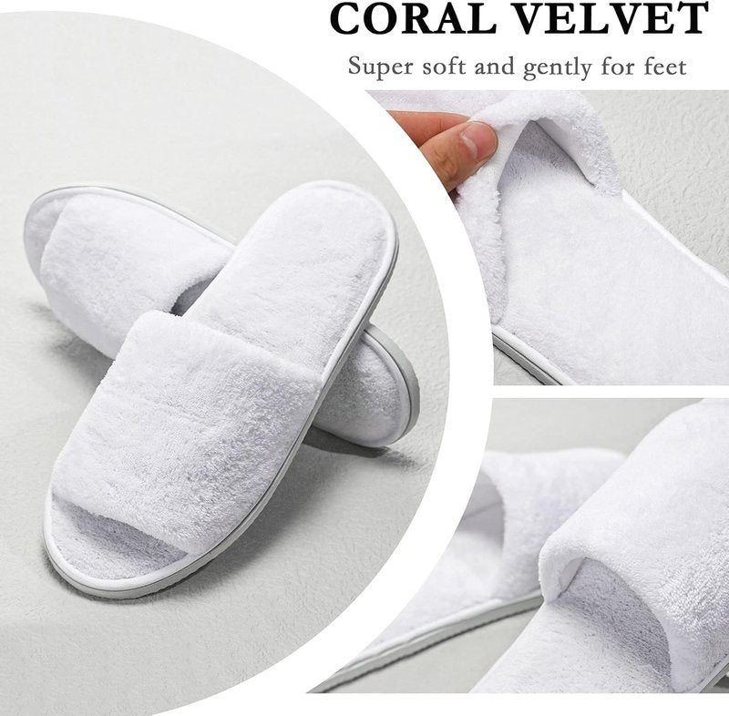Disposable Velvet Open Toe Spa Slippers - 8 Pairs Non-Slip Travel Footwear | White, Medium