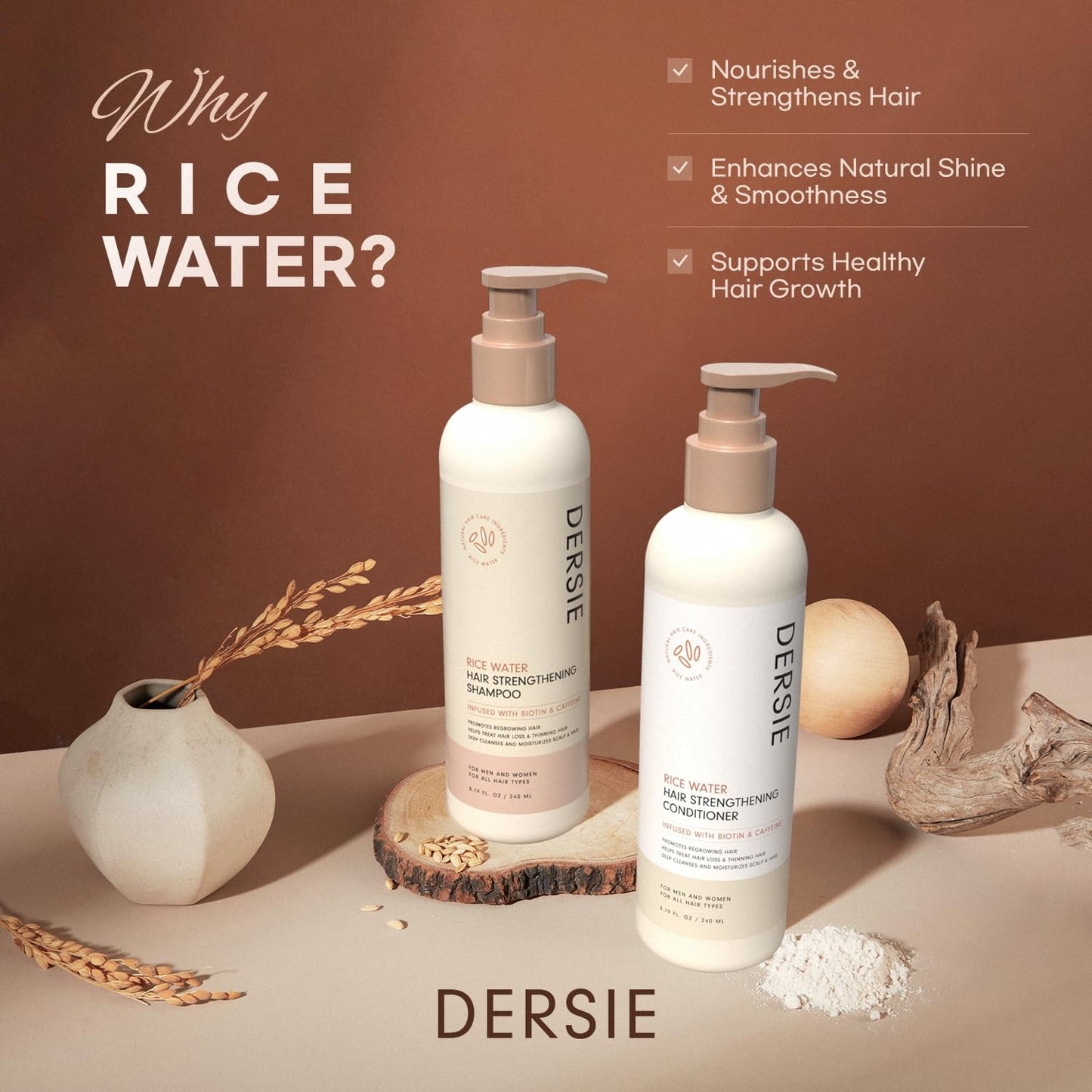 Rice Water Hair Growth Shampoo & Conditioner - Biotin & Caffeine Infused for Thinning Hair | Nourishing Formula