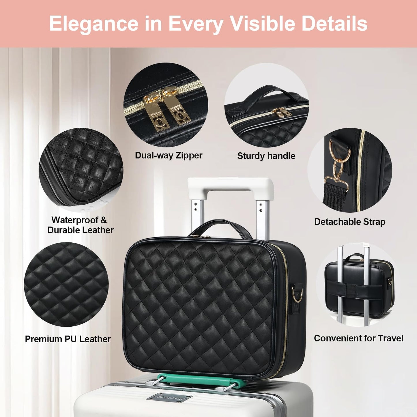 Makeup Case with LED Light Mirror, Professional Portable Travel Cosmetic Organizer Bah with Adjustable Dividers, USB Charging, Large Capacity, Ideal for Travel, Gift for Women Girls, Black