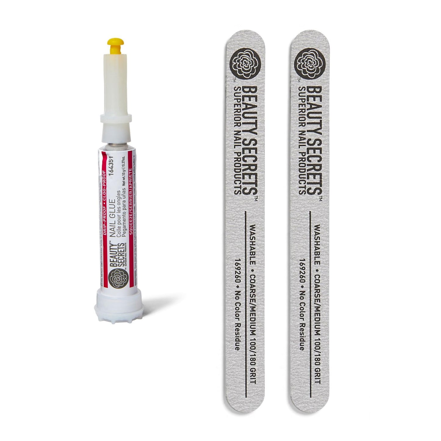 Beauty Secrets Drip & Clog Proof Nail Glue Bundled with Zebra Cushion Nail File Medium Coarse 180/100 Grit (2 Pack) by Beauty Secrets