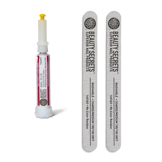 Beauty Secrets Drip & Clog Proof Nail Glue Bundled with Zebra Cushion Nail File Medium Coarse 180/100 Grit (2 Pack) by Beauty Secrets