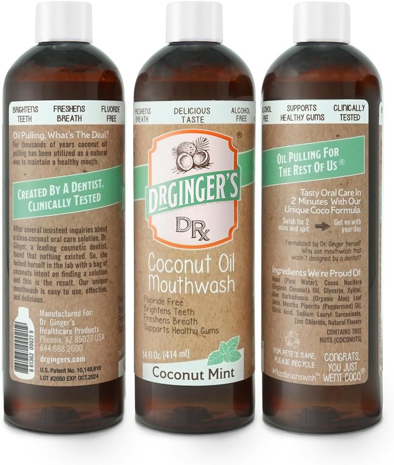 Dr. Ginger’s Coconut Oil Pulling Mouthwash - Alcohol Free, Mint Flavor | 14 fl oz, 2-Pack - Fluoride Free, All-Natural with Xylitol
