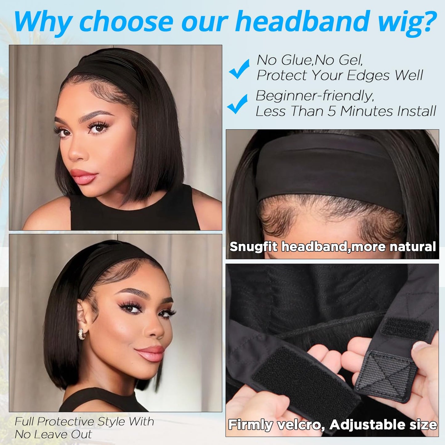 AISI Headband Wigs Human Hair Bob Headband Wig for Black Women with Leopard Print Headband Easy Put On and Go Glueless Wig Straight Wigs Machine Made 180% Density No Lace Wig Natural Color (10 Inch)