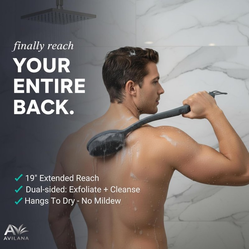 Avilana Premium Back Scrubber - 19-Inch Long Handle Silicone Bath Brush | Dual-Sided Exfoliating Body Washer for Men, Women & Seniors