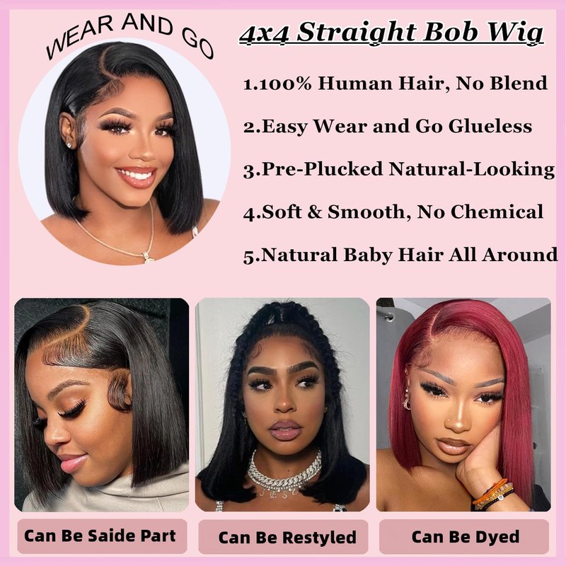 SJXAL Bob Wig Human Hair Wear and Go Glueless Wigs Human Hair Pre Plucked Pre Cut 4X4 Lace Closure Bob Wigs for Black Women 200 Density Short Straight Bob Wig Human Hair For Beginner 12 Inch