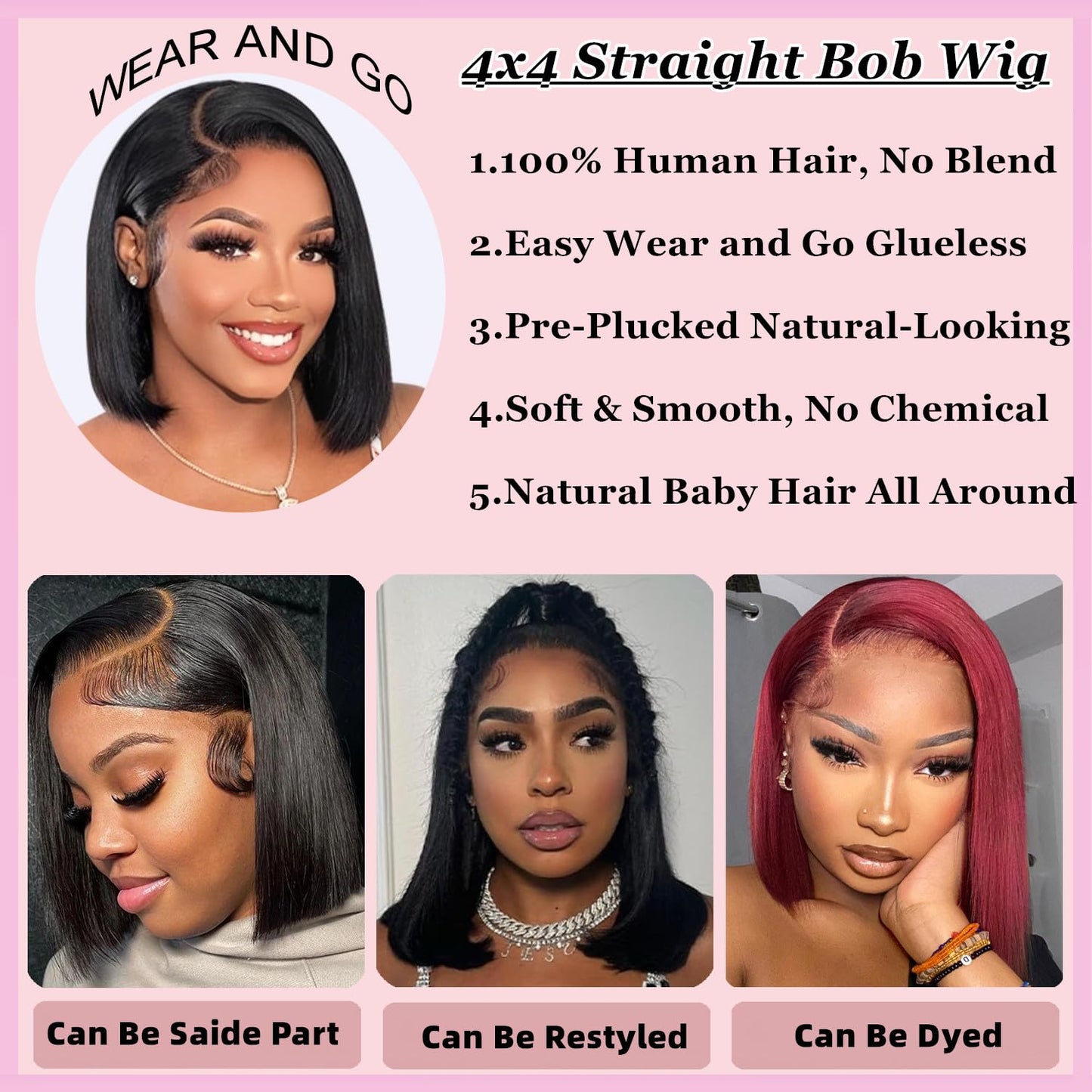SJXAL Short Bob Wig Human Hair Straight 8 inch Wear to Go 4x4 Lace Closure Bob Wigs Human Hair for Black Women Pre Plucked and Pre Cut Short Straight Bob Wig Human Hair No Glue Natural Black