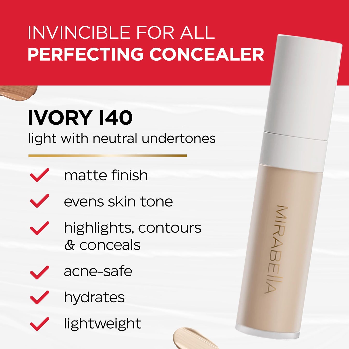 Mirabella Invincible For All Perfecting Under Eye Concealer Full Coverage - Hydrating Makeup Concealer for Dark Circles, Fine Lines & Wrinkles w/Hyaluronic Acid - Ivory I40