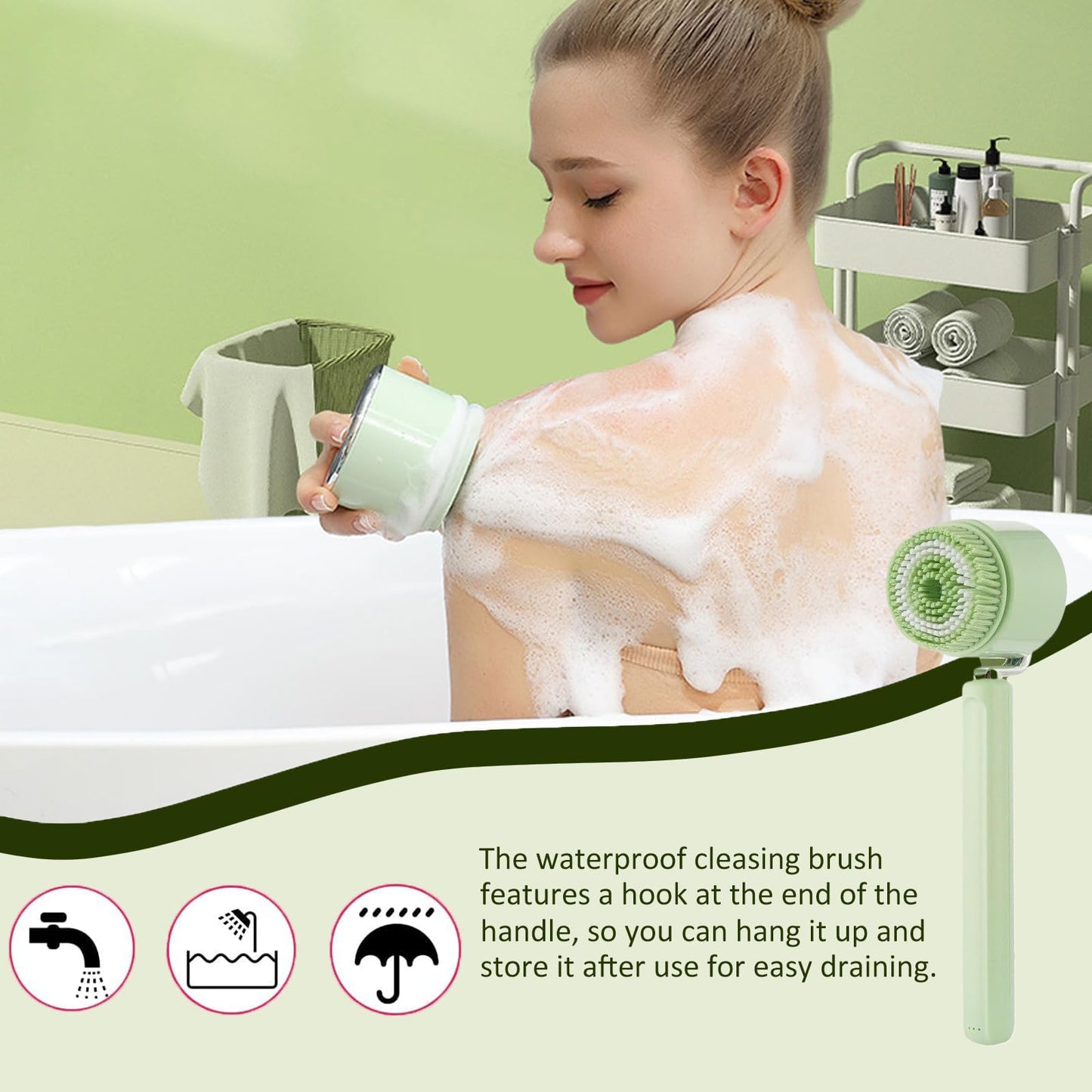 5-in-1 Electric Cleansing Brush, Rechargeable Body Brush with Long Handle, IPX7 Waterproof Back Scrubber with 3 Intensities Adjustable for Cleansing, Exfoliation, Foot Scrubbing and Massage (Green)