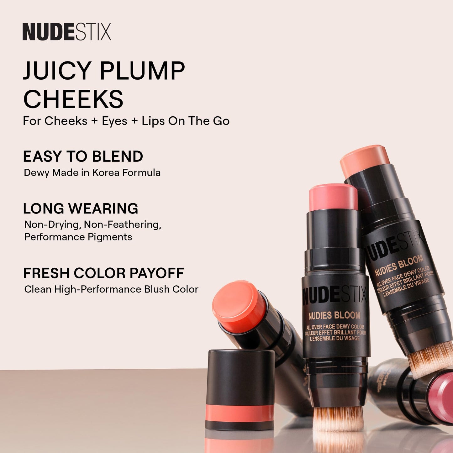 Nudestix Nudies Bloom All Over Dewy Color – 3-in-1 Cream Blush Stick for Cheeks, Eyes & Lips with Built-In Brush | Sheer, Glossy Finish | Vegan, Long-Wear, Multi-Use Makeup