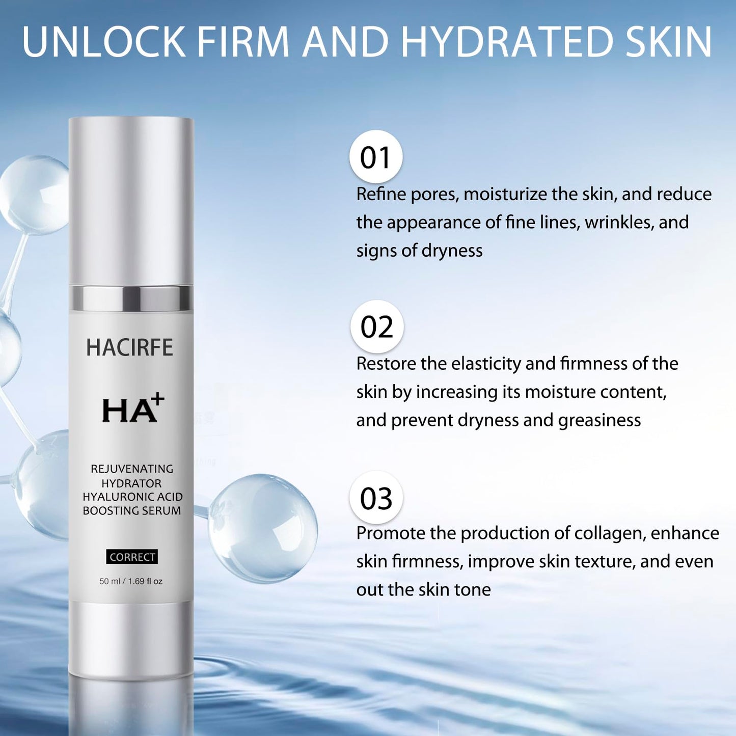 HACIRFE HA Rejuvenating Hydrator Hyaluronic Acid Serum for Face, Deep Hydrating Serum Made with Niacinamide and Ceramides