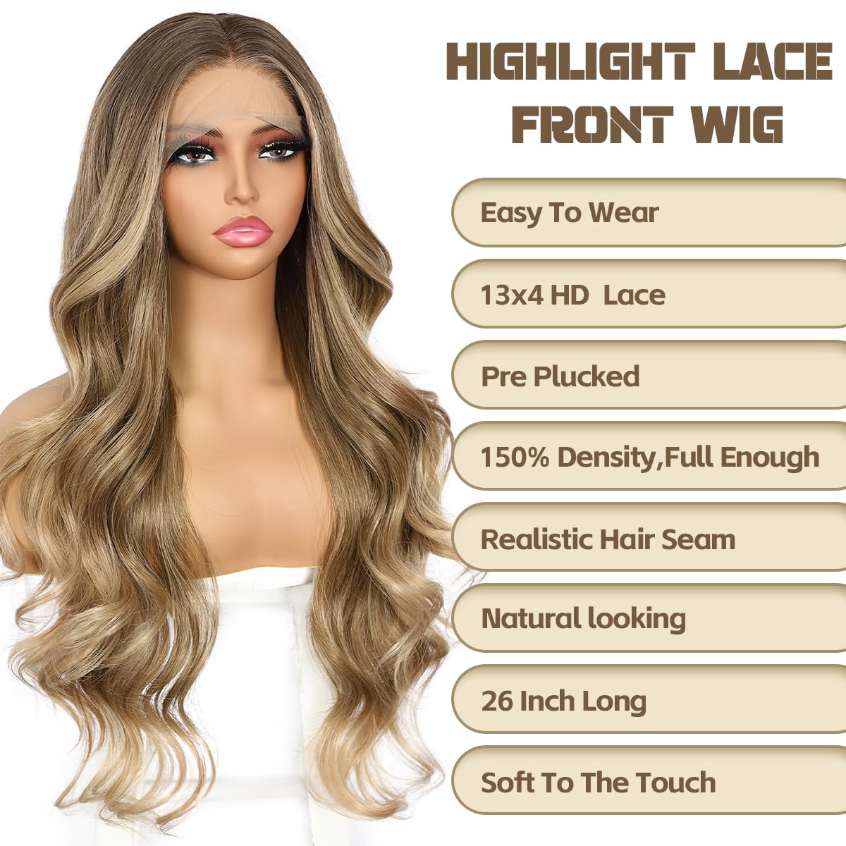 Blonde Lace Front Wig - 13x4 Long Wavy Synthetic Hair with Ash Blonde Tips | 26 Inch Pre-Plucked Natural Hairline for Daily & Party Use