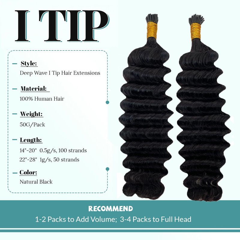 Curly I Tip Hair Extensions Human Hair for Black Women Invisible I Tip Human Hair Extensions Stick Tip Fusion Extension Brazilian Deep Wave Real Human Hair 50g 16 Inch