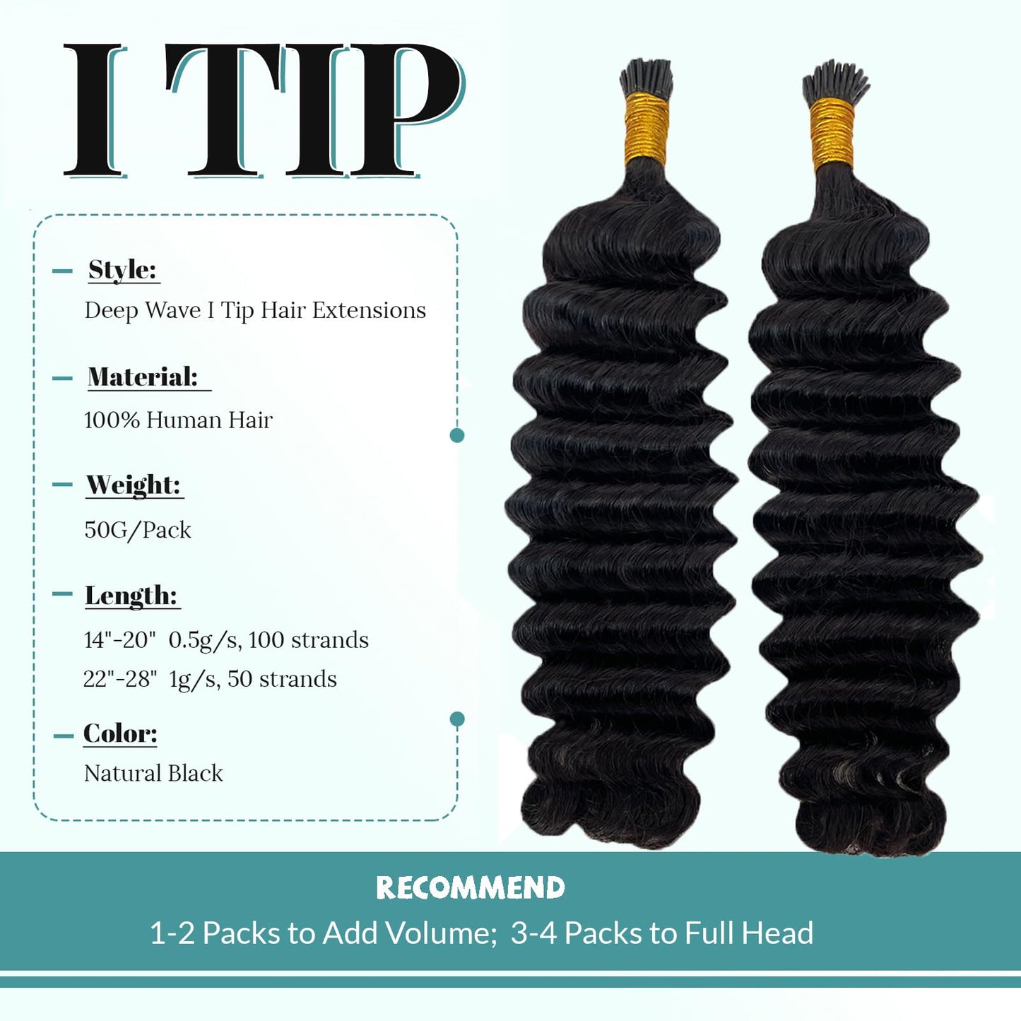 Curly I Tip Hair Extensions Human Hair for Black Women Invisible I Tip Human Hair Extensions Stick Tip Fusion Extension Brazilian Deep Wave Real Human Hair 50g 16 Inch
