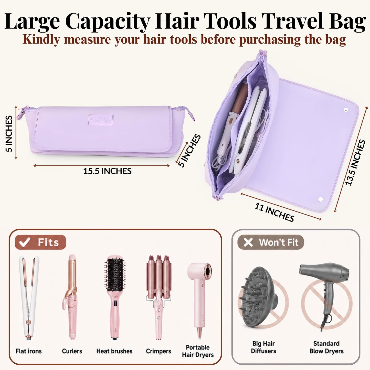 BAREFOOT CARIBOU Hair Tools Travel Bag and Heat Resistant Mat (15.5") for Flat Irons, Straighteners, Curling Iron, and Haircare Accessories, 2-in-1 design, Interior Pockets, Portable Organizer (Lilac)