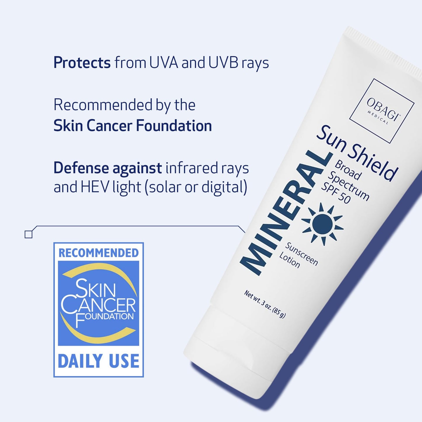Obagi Medical Sun Shield Hypoallergenic Mineral Sunscreen - Broad Spectrum SPF 50 Protection from the Sun - Sheer, Quick-Absorbing Formula - 3 oz