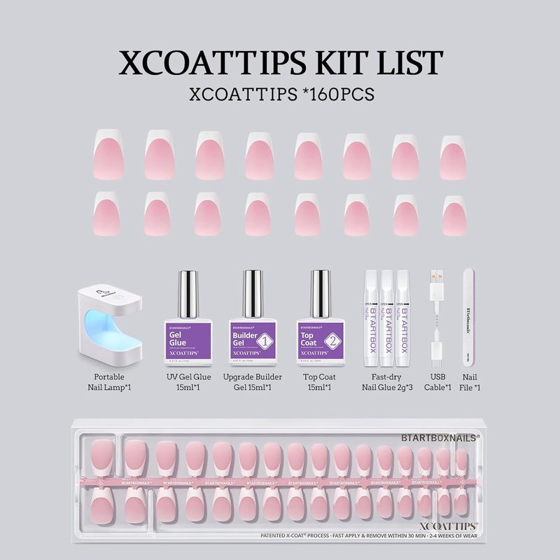 French Tip Press-On Nails - Short Coffin Nail Tips with Gel & Lamp | All-in-One Soft Gel Extension Kit