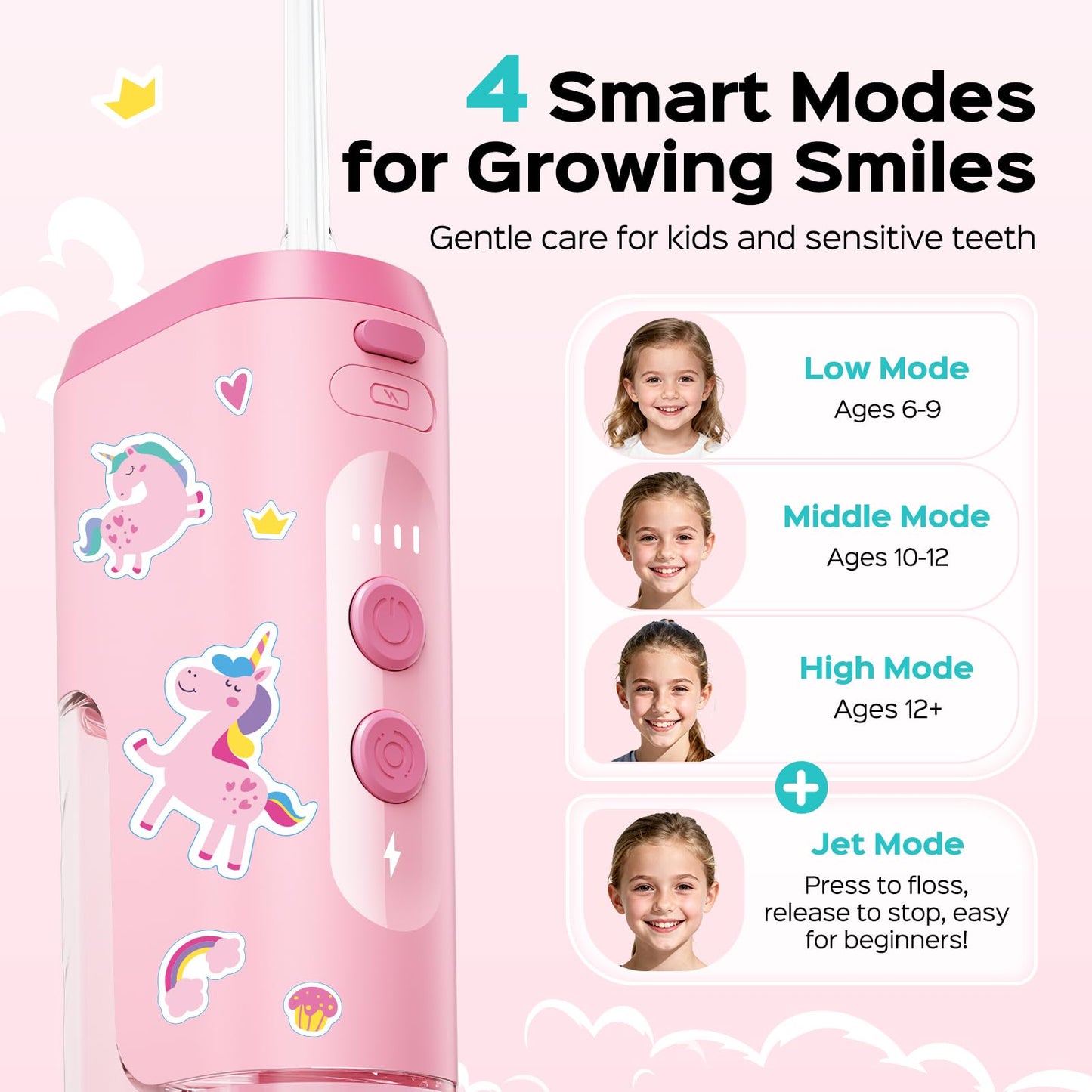 COSLUS T40 Portable Water Flosser for Kids: 4 Gentle Modes for Ages 6+, Braces & Sensitive Teeth - with Fun DIY Stickers, 4 Storable Nozzles, Mini Compact for Home School & Travel, BPA-Free, Pink